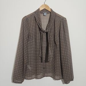 Ann Taylor Sheer Button Up Blouse Size 8 Tie Neck Long Sleeve Print